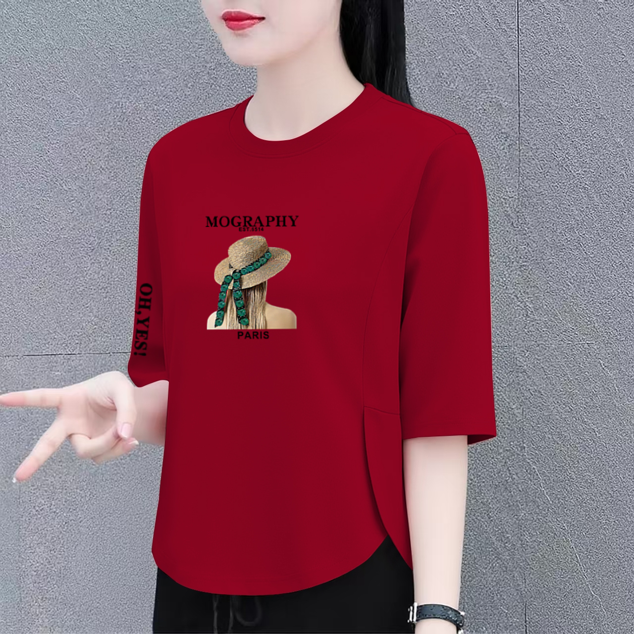 新款夏秋洋气减龄纯棉t恤女七分袖大码宽松遮肚显瘦上衣外穿百搭