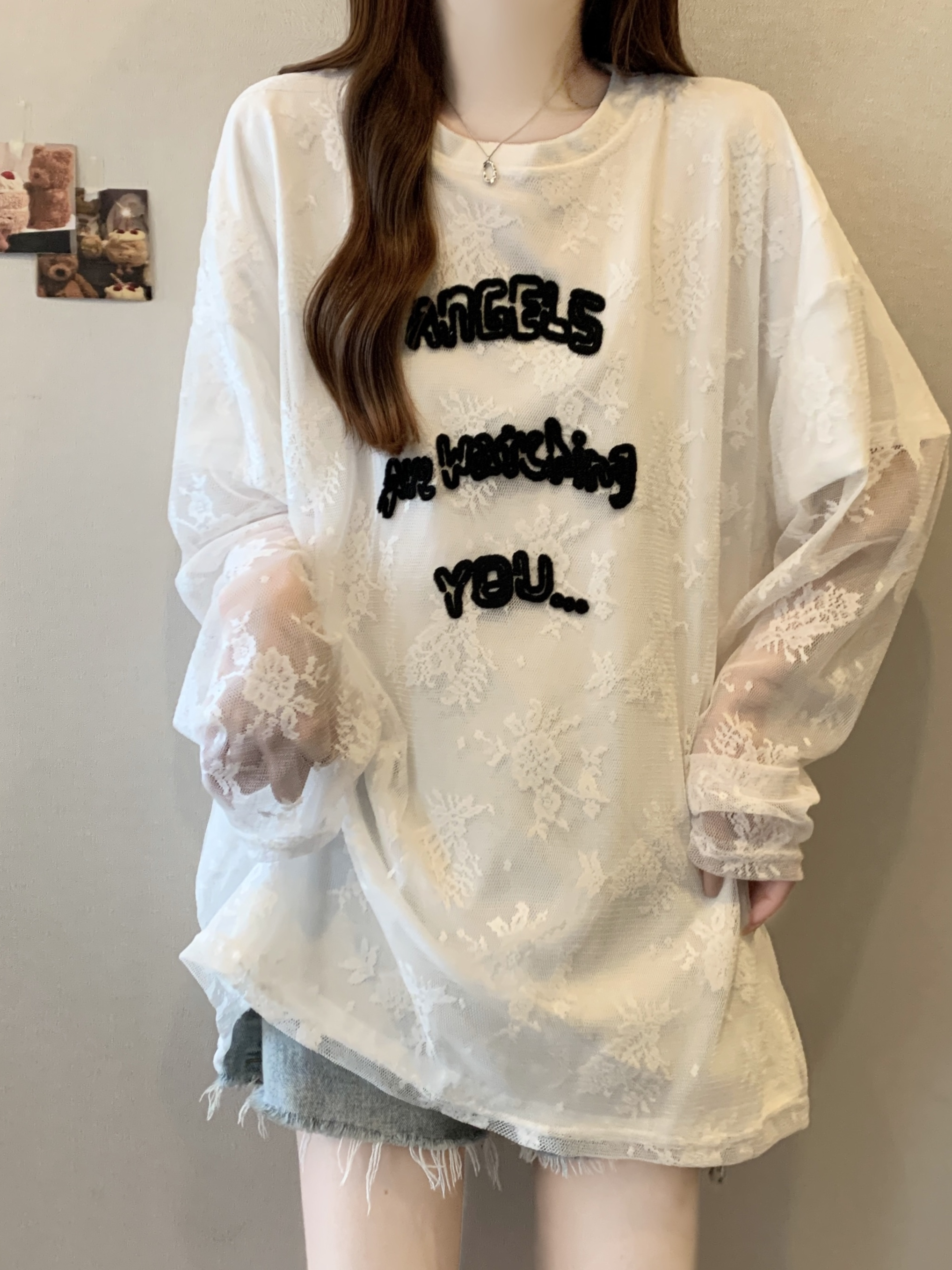 蕾丝拼接假两件长袖t恤女2025新款大码胖mm显瘦中长款衫上衣
