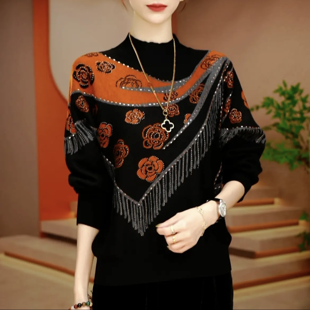 秋冬季时尚休闲韩版长袖气质上衣针织衫中老年妈妈减龄款显瘦毛衣