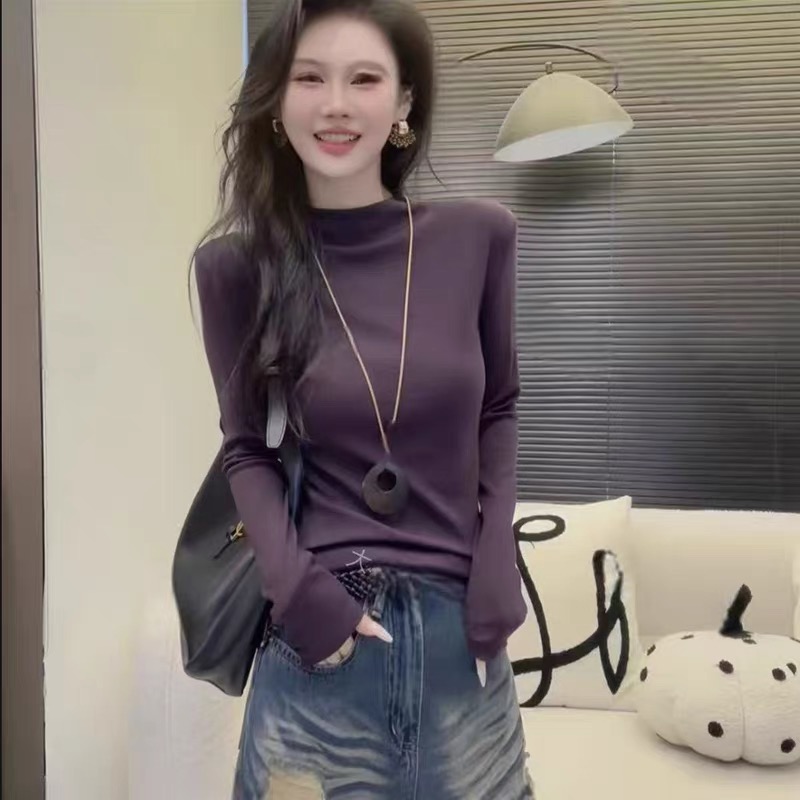 高品质螺纹棉长袖半高领T恤黑色贴身打底上衣洋气修身显瘦百搭