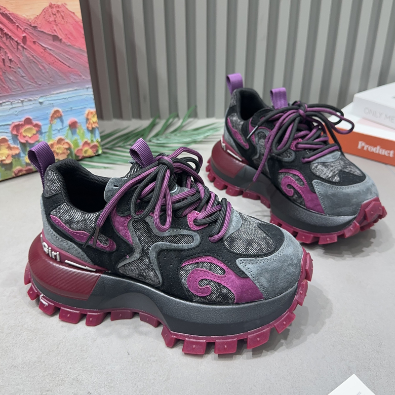 真皮厚底增高老爹鞋火焰拼色阿甘鞋女2025秋季新款欧货潮流跑步鞋