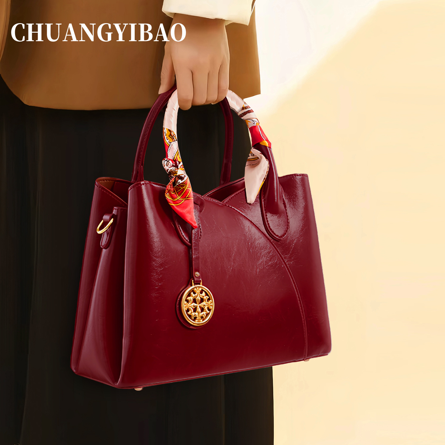 大气妈妈包女红色包包2025新款油蜡手提包大容量中年喜婆婆结婚包