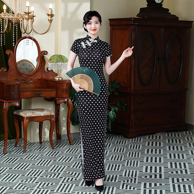 春冰丝薄长款弹力新中式旗袍修身演出服礼服敬酒服夜上海走秀082