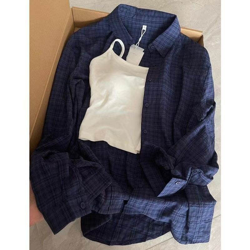 日系气质复古深蓝色格子衬衫女早秋2024新款冷淡系感上衣拼接2025