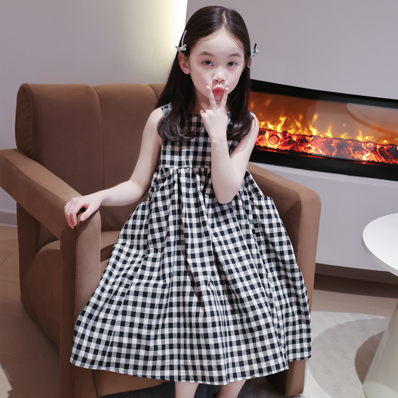 夏装女童洋气无袖中长裙2025夏季新款儿童格子大口袋连衣裙大摆裙