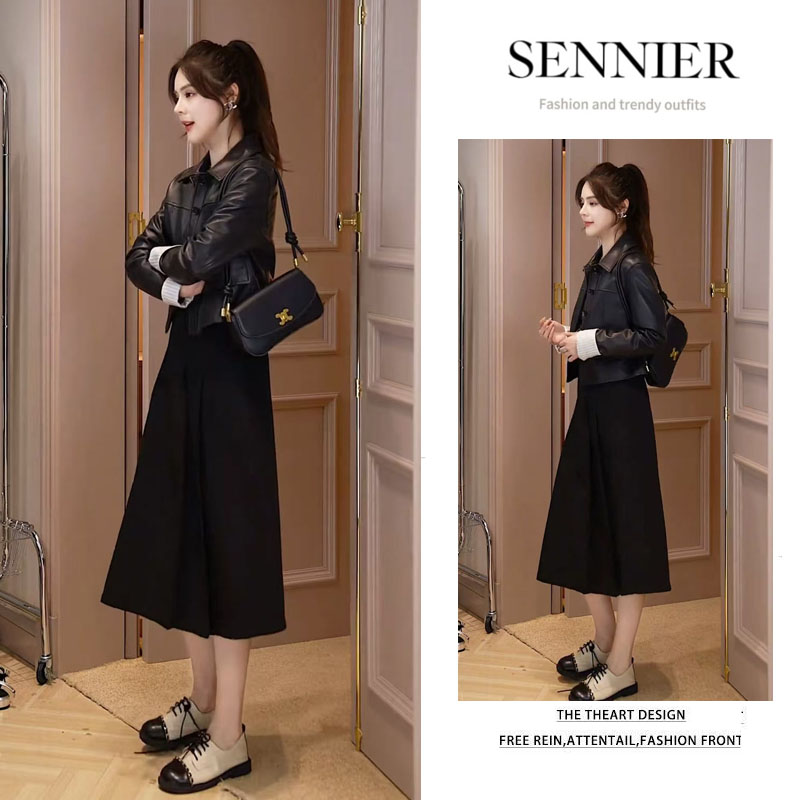 2025秋季新款女装韩版漂亮套装格子衬衫气质皮衣外套半身裙三件套