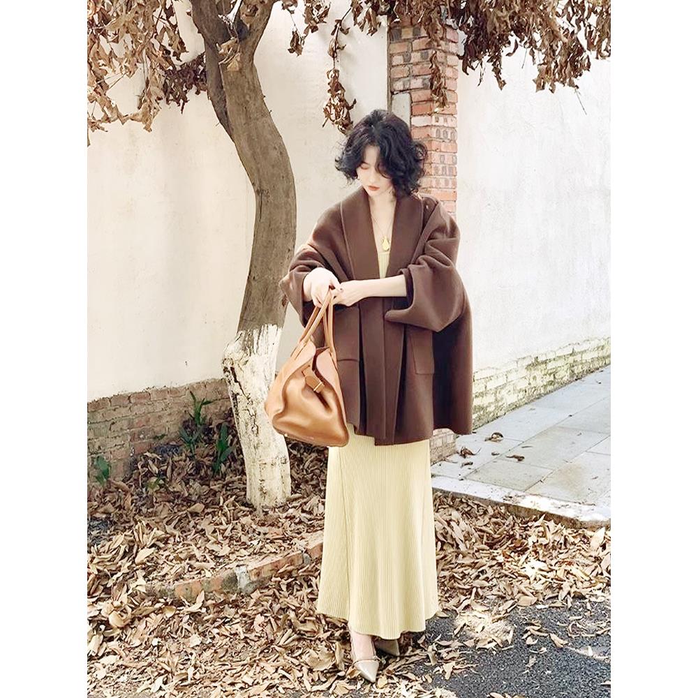 纯羊毛双面呢子大衣港风复古2024秋冬季新款阔版慵懒风斗篷外套女