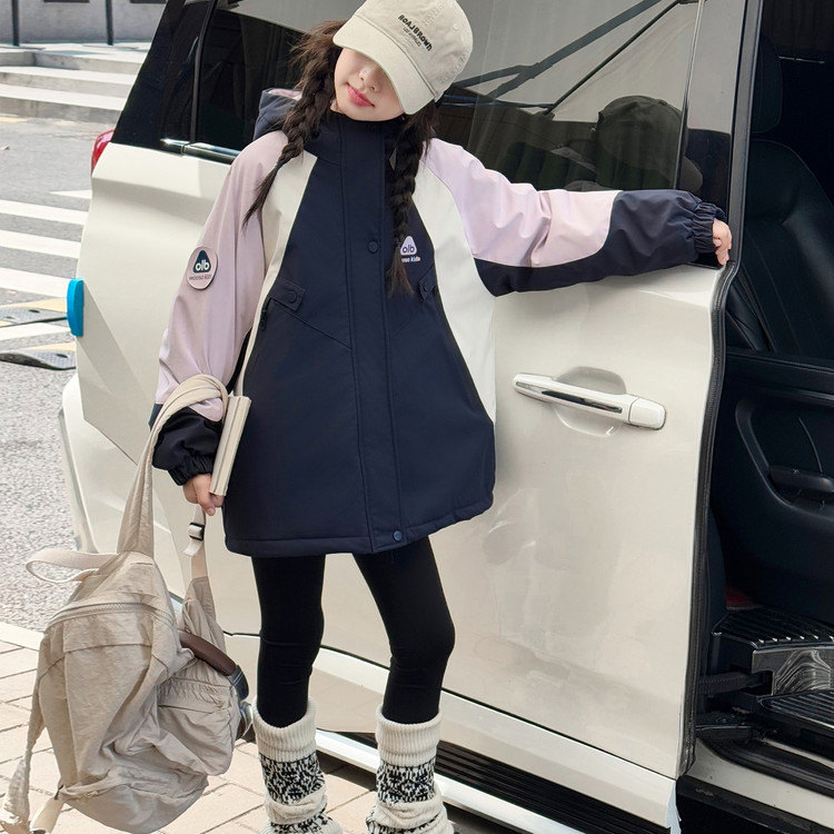 女童拼色外套夹棉加厚秋冬2025新款儿童二棉女大童派克服棉服冬季