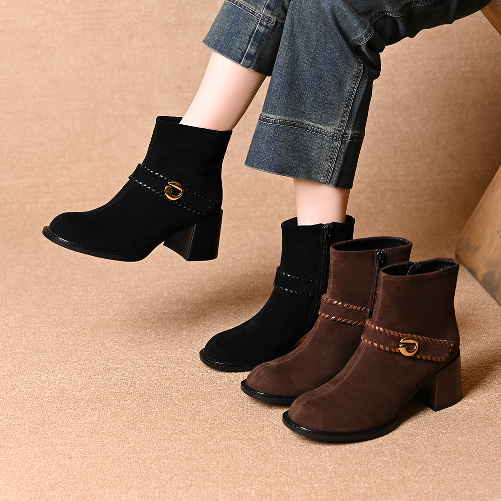 真皮羊皮圆头粗跟短靴2025秋冬新款磨砂绒面百搭侧拉链高跟女靴