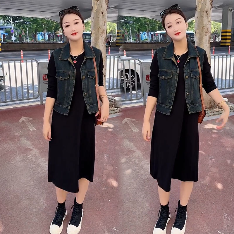 2025新款牛仔马甲长裙两件套女春时尚宽松大码洋气网红连衣裙套装