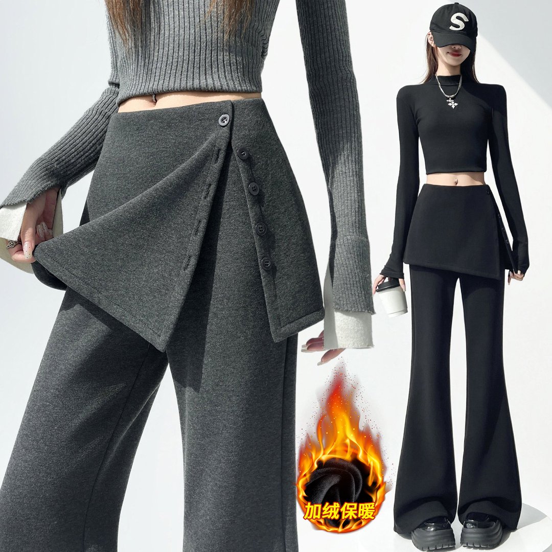 软糯加绒假两件屁帘微喇叭裤女秋冬季显瘦修身高腰休闲拖地裤长裤