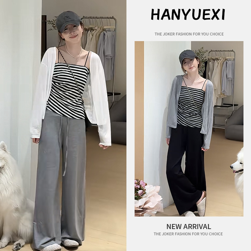 【现货】夏季时尚一整套女装2025新款条纹吊带防晒开衫休闲裤三件套