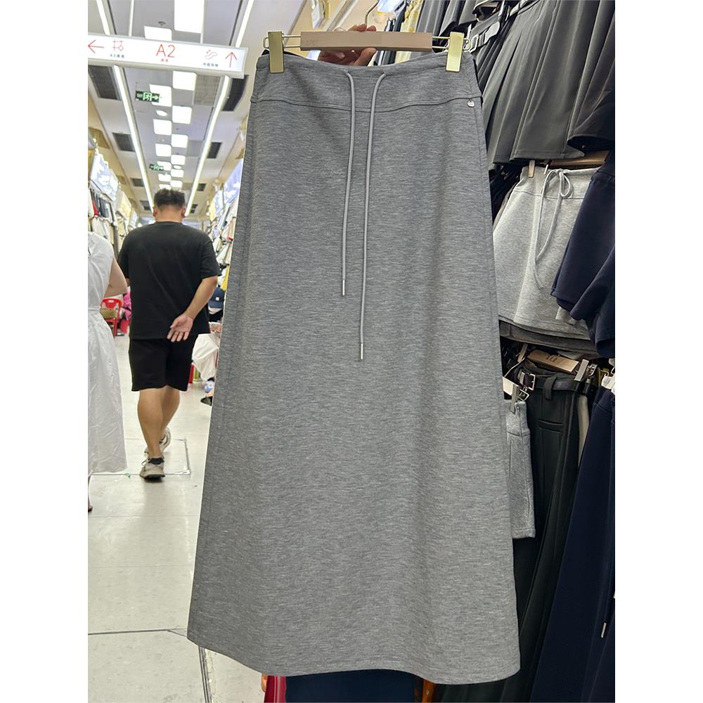 韩版垂感抽绳高腰灰色半身裙女2025春秋新款休闲开叉直筒百搭长裙