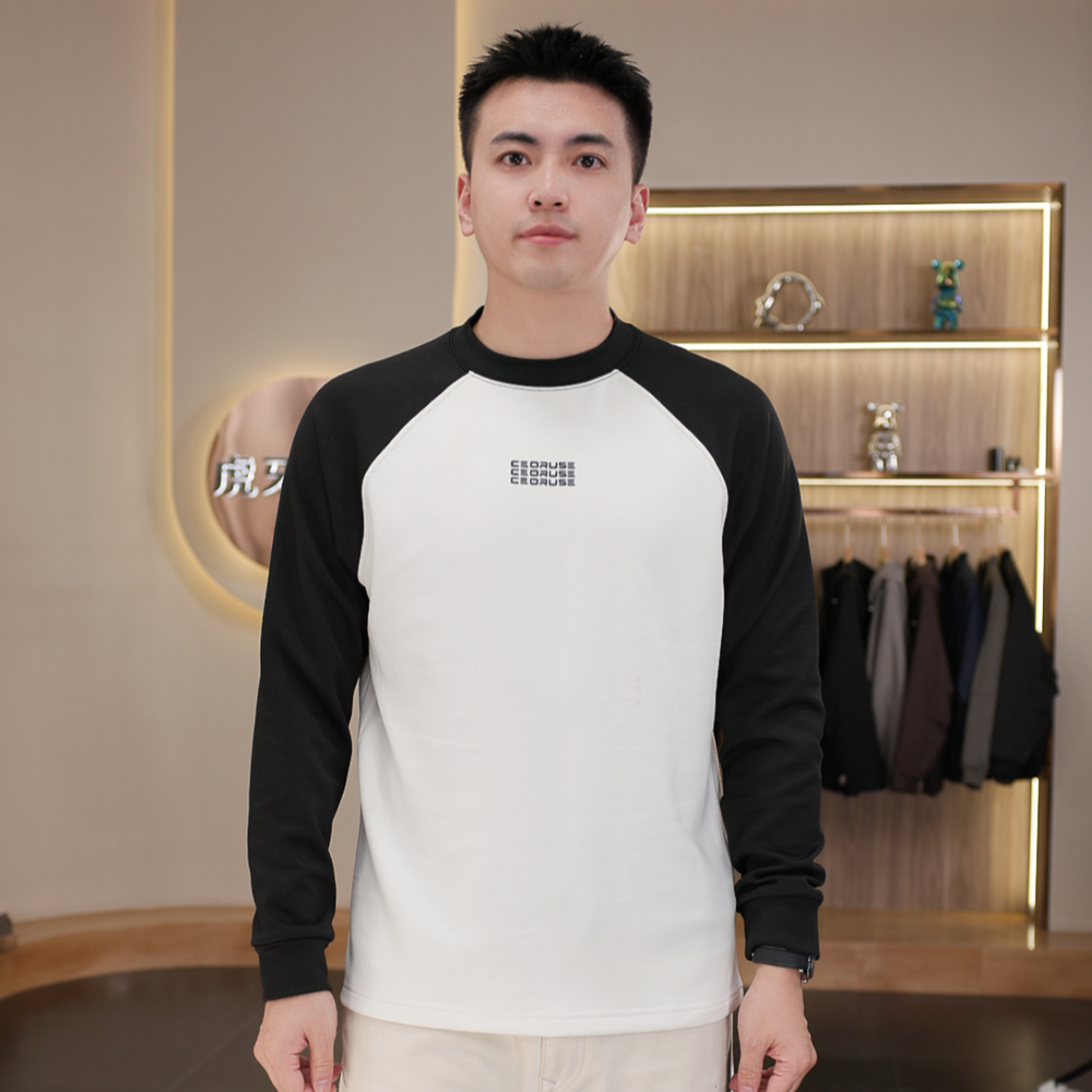 虎牙兄弟爆款圆领卫衣2025秋冬拼接撞色运动休闲通勤长袖男士W220