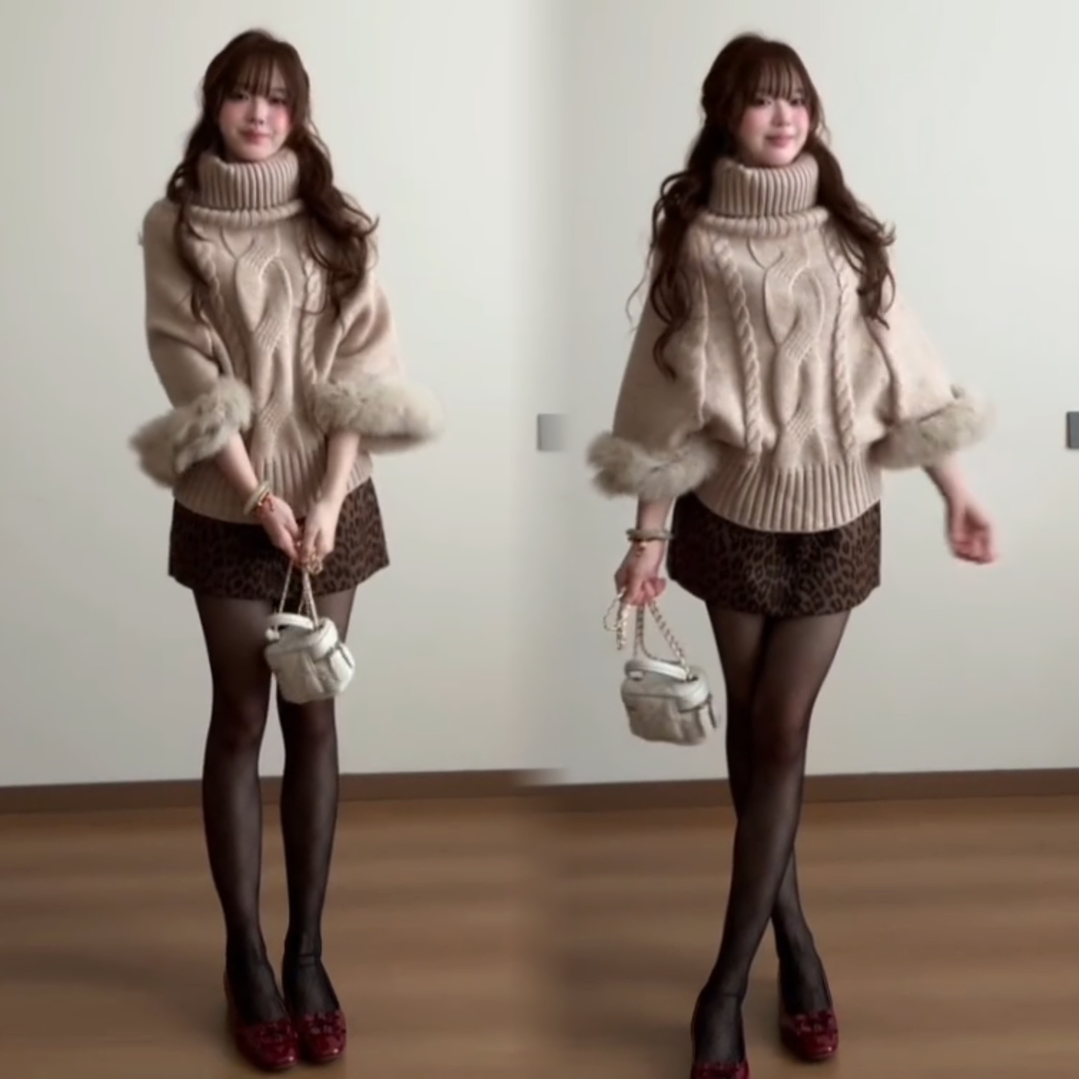 卡其色袖口狐狸毛高领套头毛衣女秋季宽松麻花针织衫9398