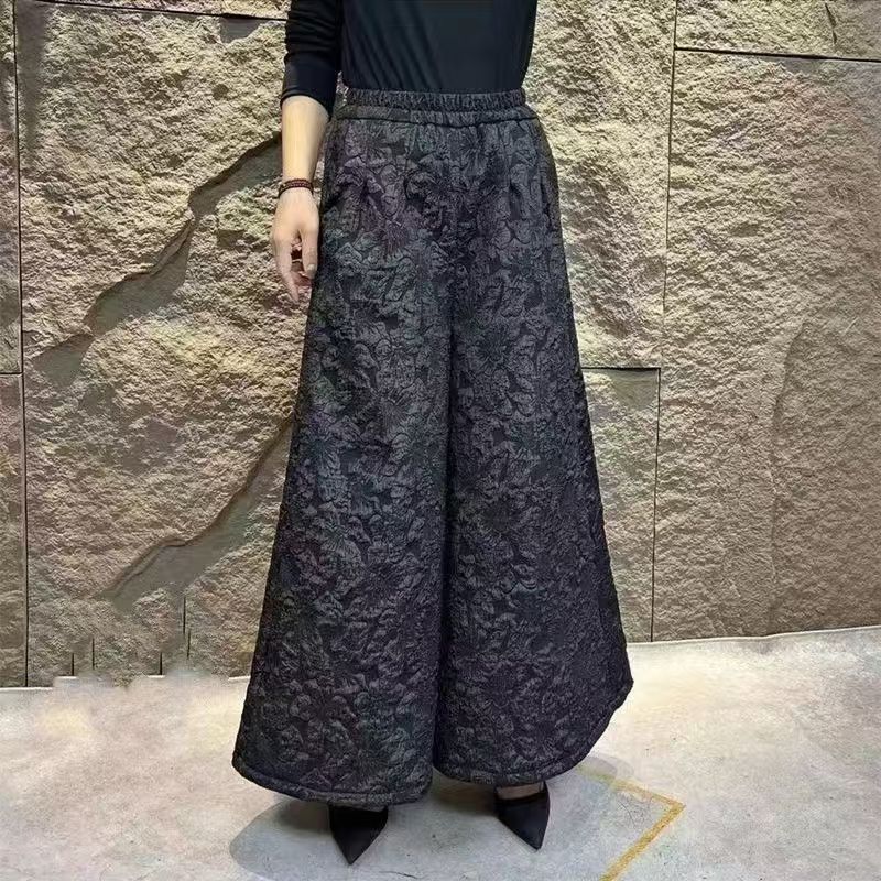 中国风中式气质提花阔脚裤2025新款宽松显瘦松紧高腰裤女