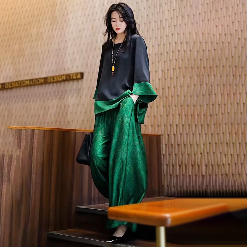 高级感提花两件套宽松大码遮肚显瘦垂坠感上衣休闲九分阔腿裤套装