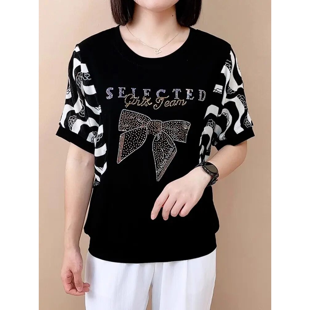 雅鹿妈妈夏季新款洋气短袖T恤小衫中老年女时尚减龄休闲大码条纹