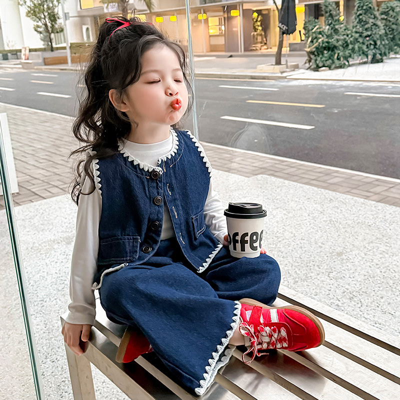 女童春季花边马甲牛仔三件套新款洋气儿童套装女孩童装潮
