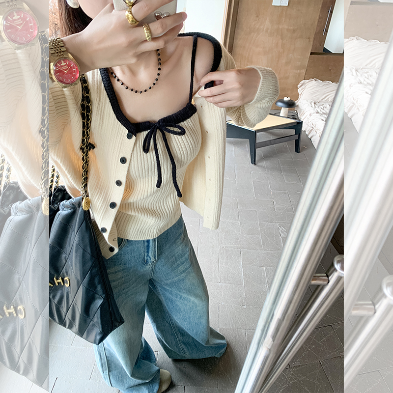 温柔显瘦吊带短款背心针织衫上衣两件套女2025春秋新款毛衣外套