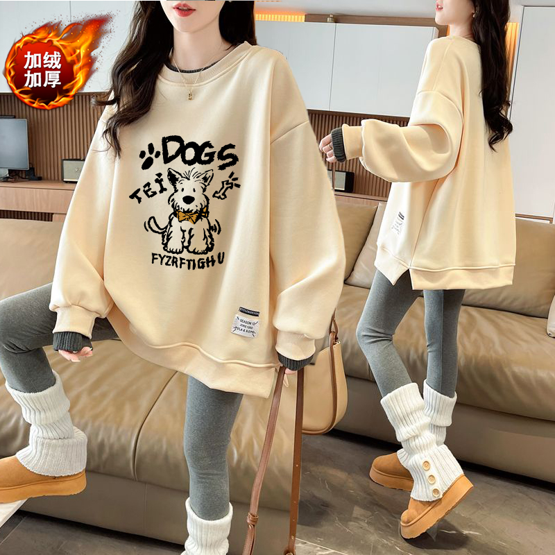 大码女装假两件加绒加厚卫衣女秋冬新款韩版宽松百搭洋气长袖上衣