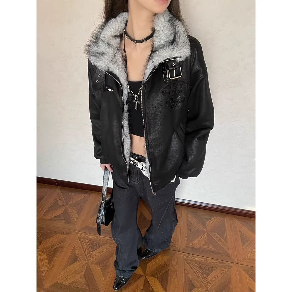 艺尙毛领座山雕夹克外套男女潮牌哥特美式复古棉衣棉服秋冬情侣款