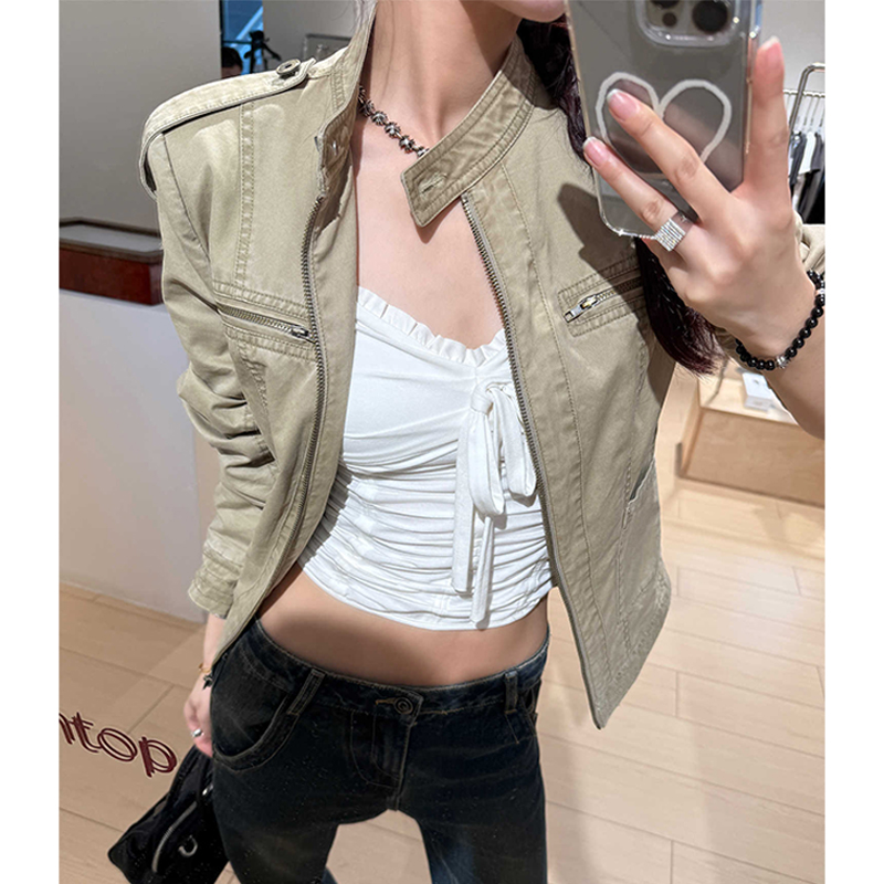 立领做旧美式复古短款牛仔外套女早秋新款正肩夹克上衣