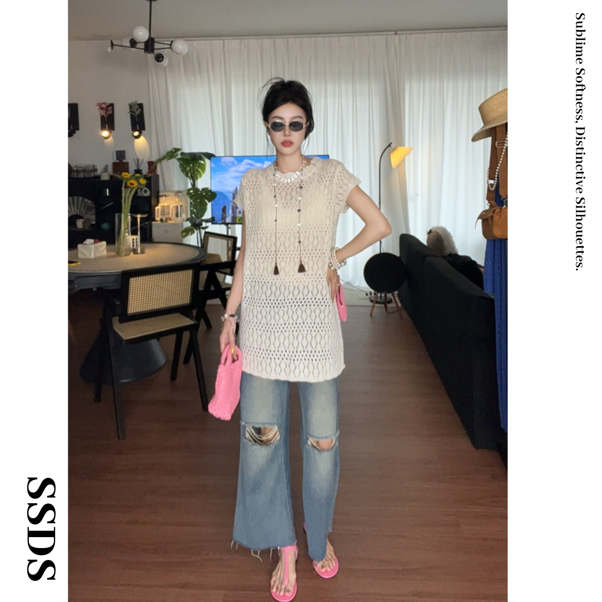 SSDS早秋亚麻薄款韩版镂空透气针织短袖上衣温柔气质高级感T恤