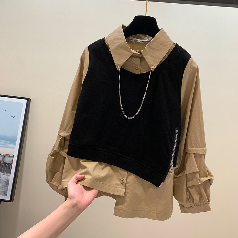 春秋新款假两件休闲衬衫女撞色设计感小众拼接上衣宽松潮流爆衬衣