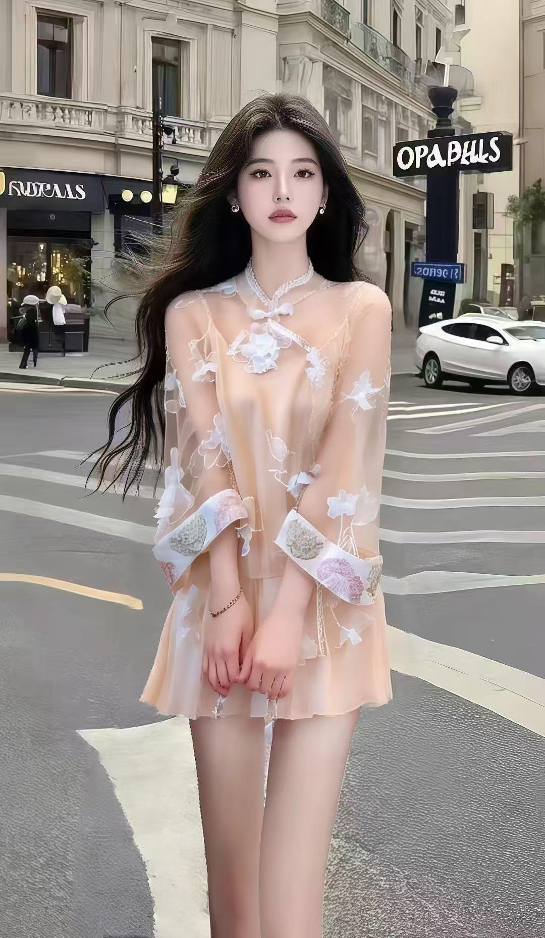 新中式国风气质名媛穿搭橙色长袖立领刺绣上衣+百搭半身裙两件套