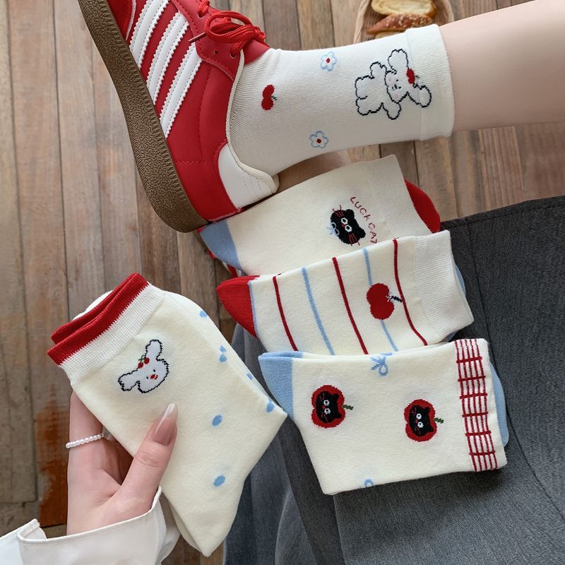 白色袜子小狗女中筒春夏季百搭薄款透气ins韩版可爱卡通日系风yw