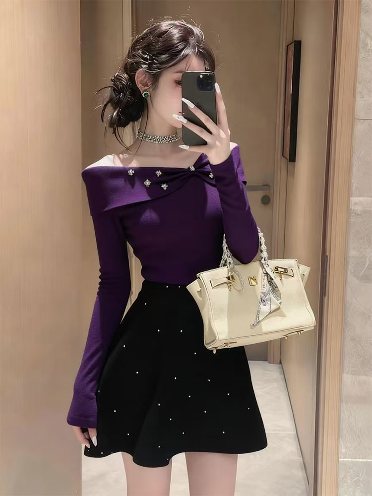 初秋精致小个子气质轻奢高级感巨好看重要场合紫色针织连衣裙套装
