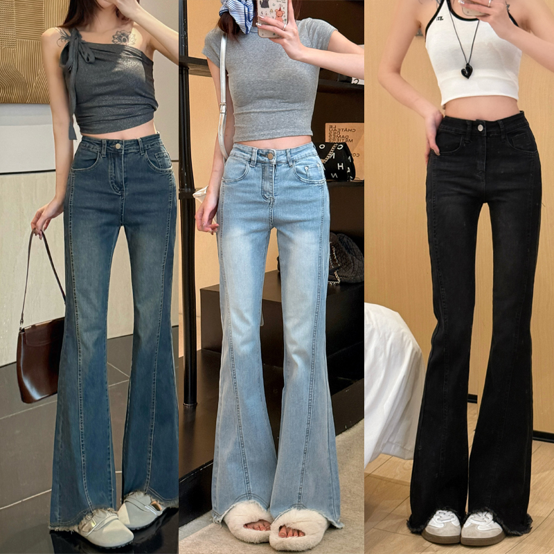 8638#2025年春新款水泥灰微喇开叉牛仔裤女大码高腰显瘦喇叭长裤