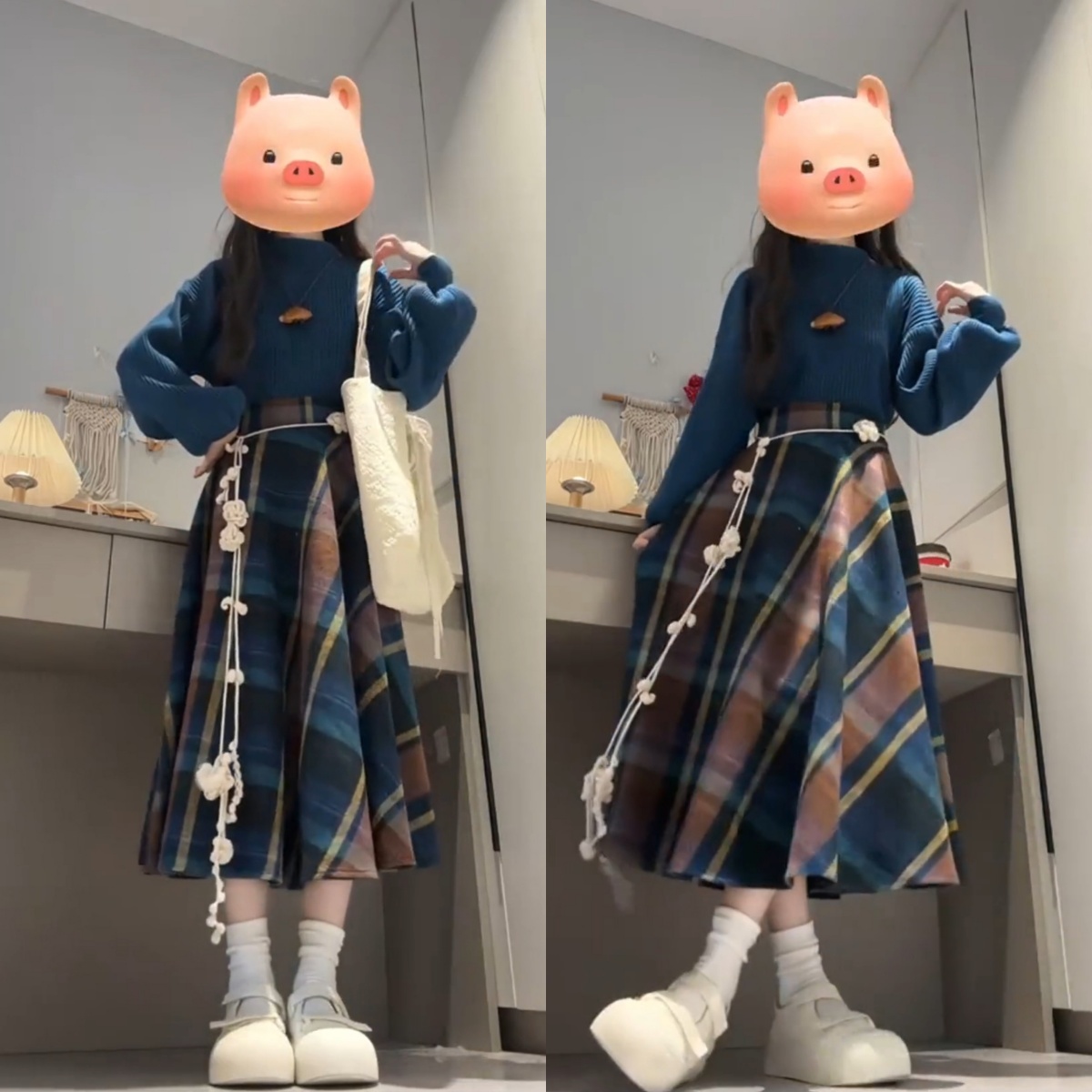 秋冬巨好看的两件套韩系温柔风克莱因蓝针织毛衣格纹半身裙套装女