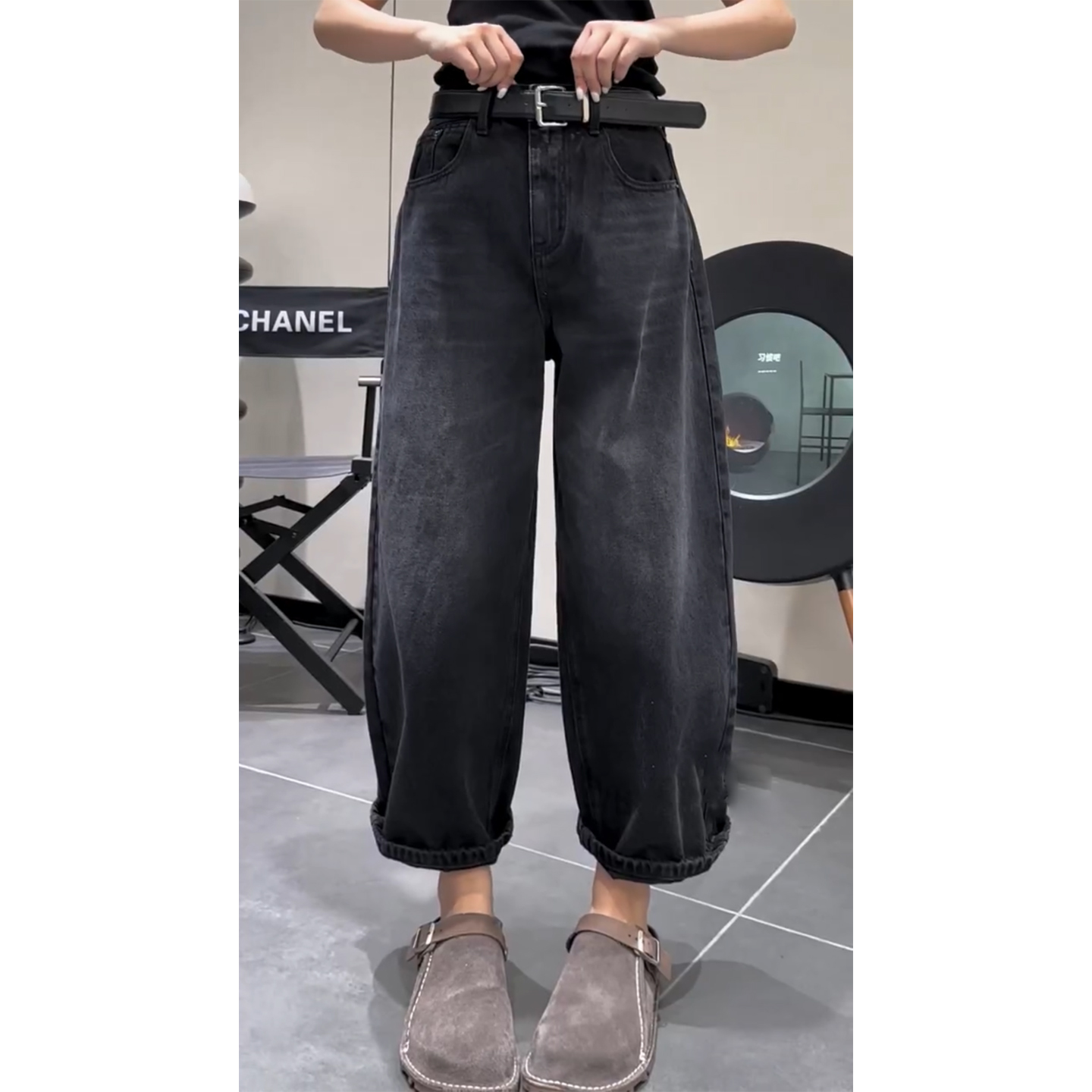 艾塔莉黑色百搭阔腿裤显瘦冬季新款女牛仔裤子加绒加厚萝卜裤胖mm