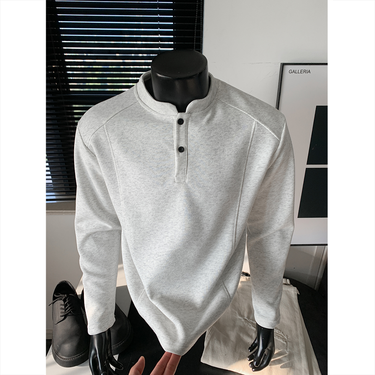 加绒白花灰美式亨利领长袖t恤男秋冬痞帅卫衣cleanfit内搭打底衫