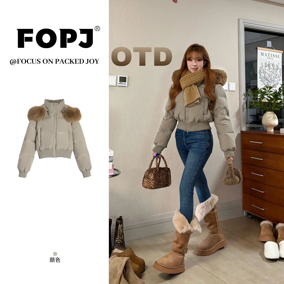 FOPJ秋冬复古穿搭时尚短款毛领连帽棉服女设计感双拉链面包服棉衣