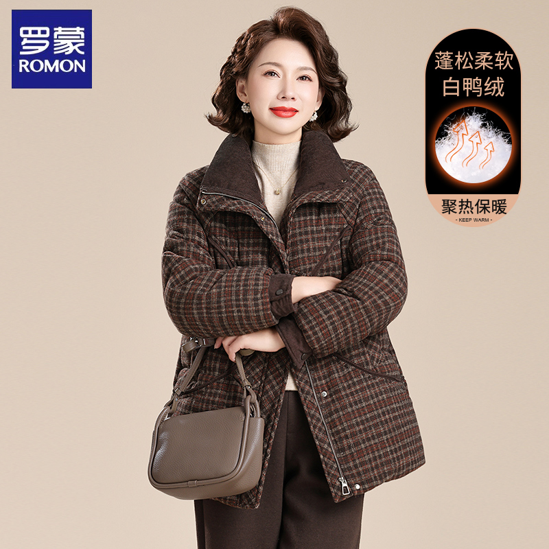 罗蒙妈妈羽绒服冬季大码格子外套中长款中老年女秋冬洋气保暖上衣