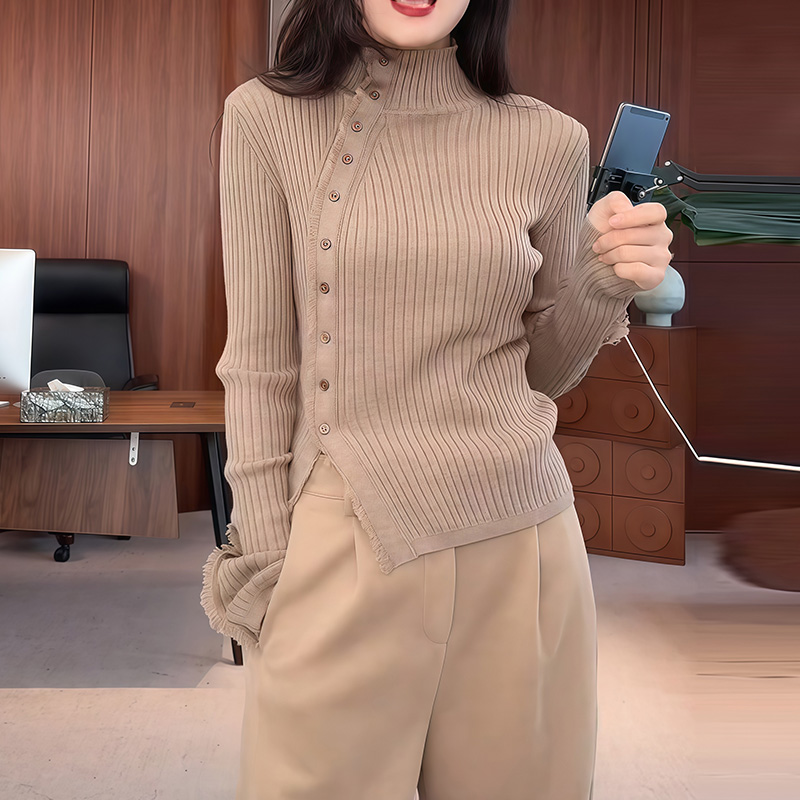 设计感侧扣高领针织衫女2026秋冬新款修身显瘦百搭打底毛衣上衣