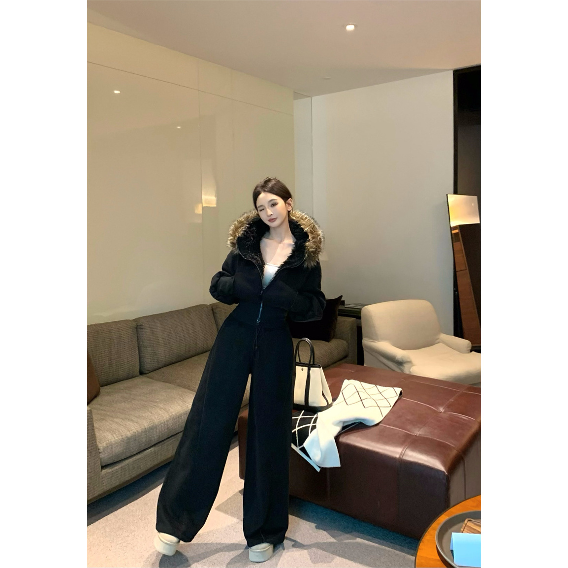 显瘦气质轻熟风毛茸茸休闲风秋冬少女感套装#22797