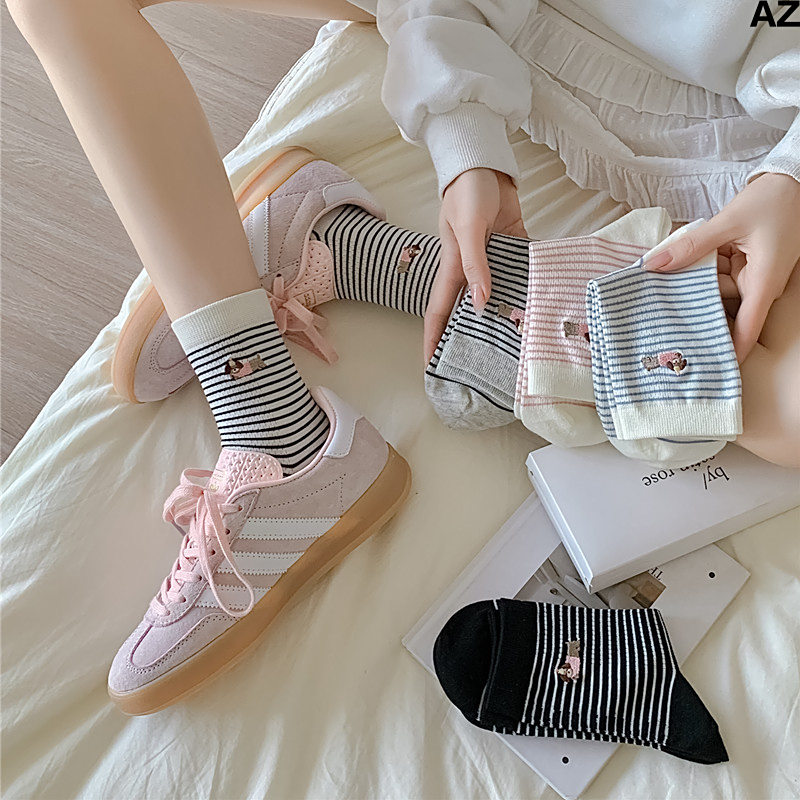 夏季新款袜子女春夏韩式ins可爱透气薄款女袜日系条纹学院风中筒