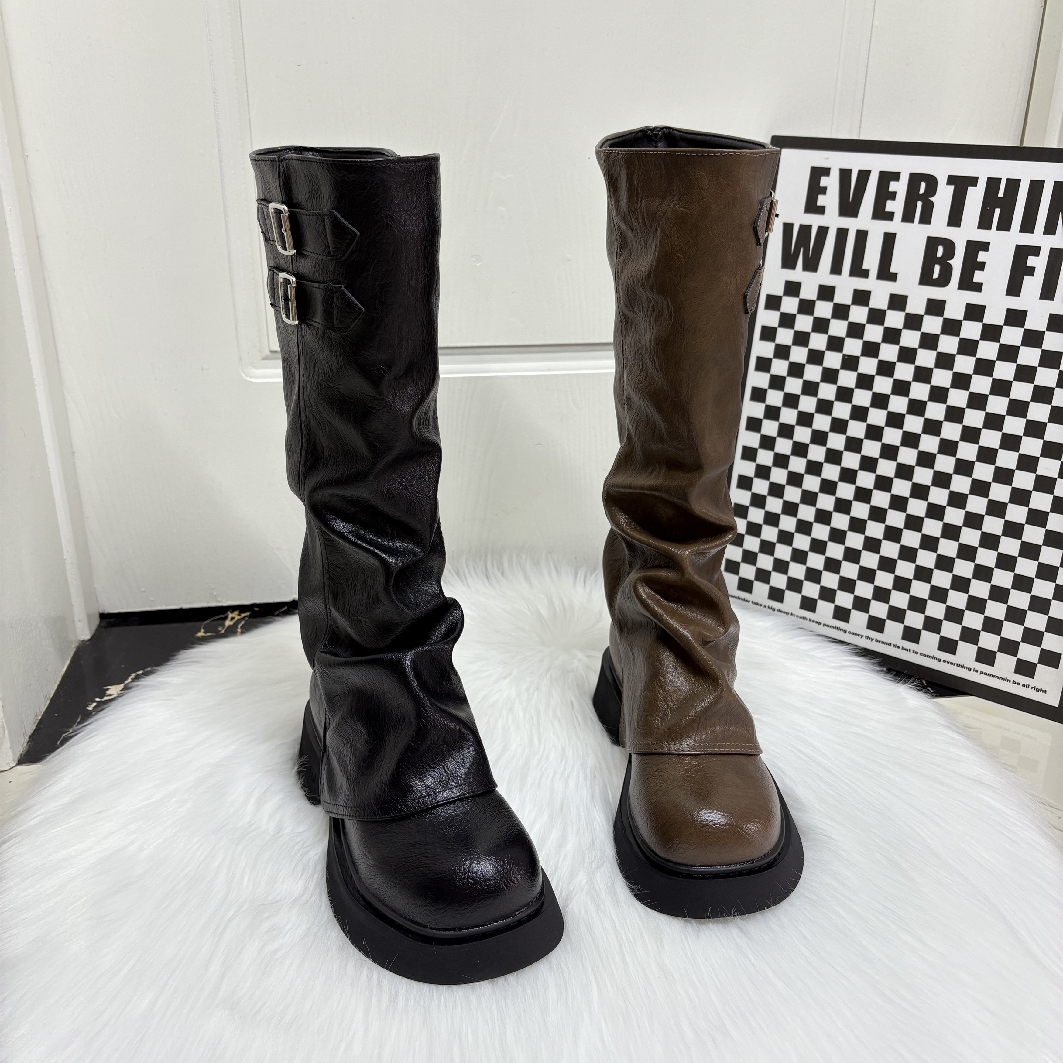 长筒靴女2025秋冬季新款加绒显瘦高筒靴黑色百搭骑士靴褶皱堆堆靴