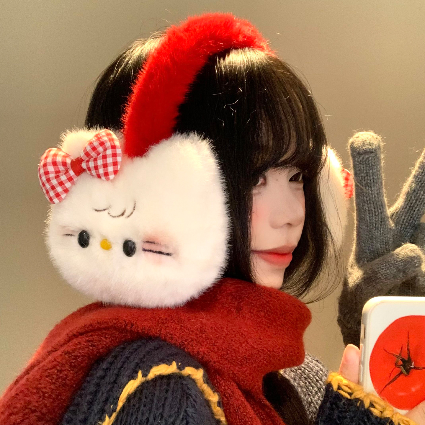 可爱蝴蝶结猫咪毛绒耳罩女秋冬季防寒耳套骑行保暖耳暖耳包耳捂子