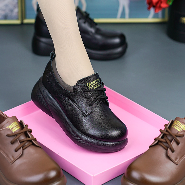 96822秋季新款真皮单鞋头层牛皮圆头松糕厚底休闲百搭系带妈妈鞋