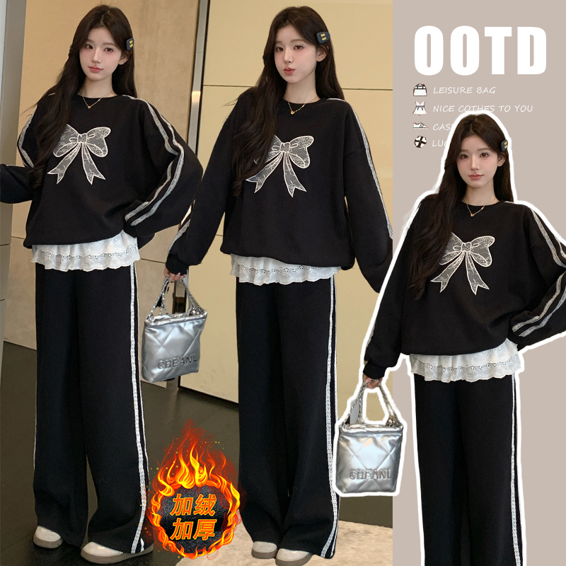 孕妇套装2025冬季新品加绒韩版慵懒风卫衣上衣+蕾丝拼接阔腿裤女