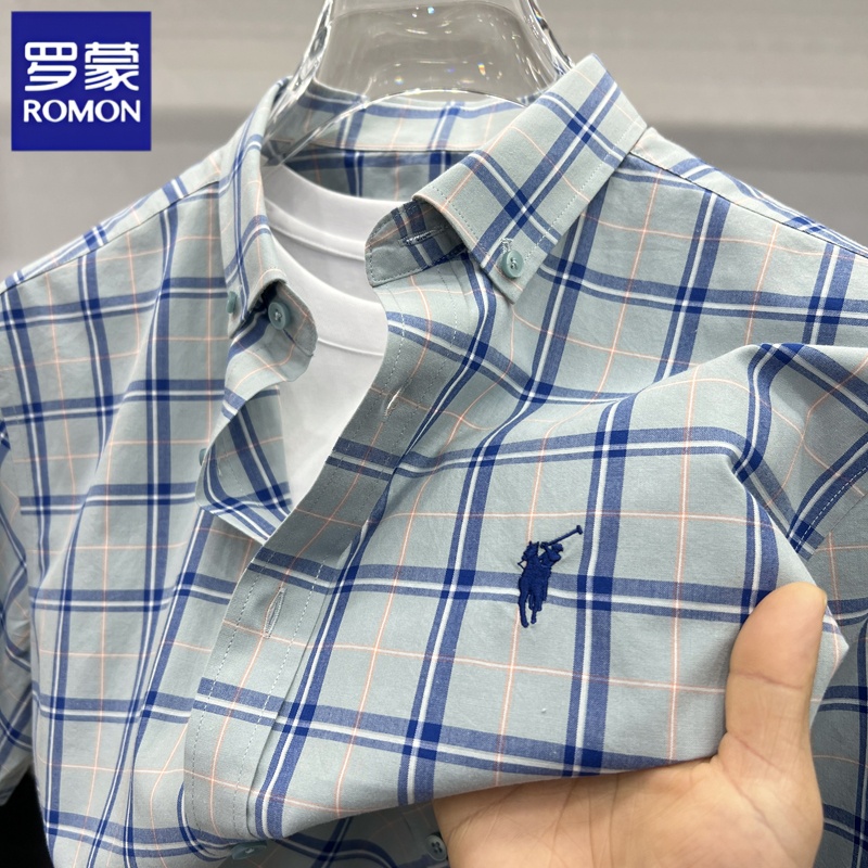 罗蒙100%纯棉绣花标短袖衬衣格子夏季新款休闲时尚格子中青年半袖