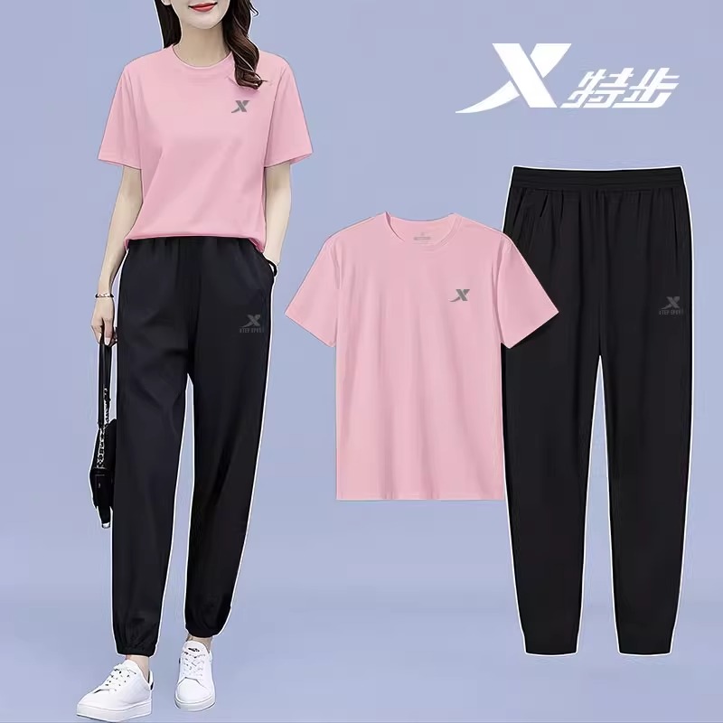 特步跑步套装女两件夏季宽松T恤女圆领短袖冰丝速干长裤运动服女