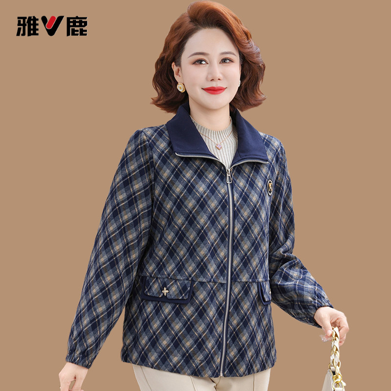 雅鹿中年妈妈秋冬洋气夹棉加厚外套新款中老年女冬装休闲翻领夹克