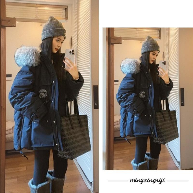 明星日记|超大真毛领|连帽工装派克服羽绒服女冬季加厚中长款外套