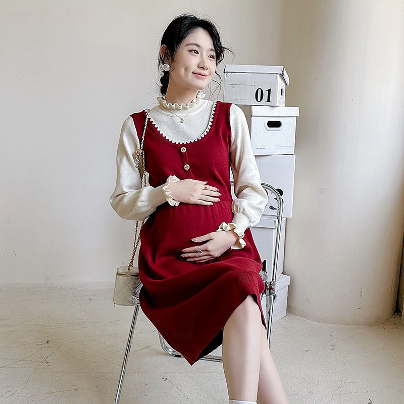 时尚显瘦裙子小香风针织假两件新款秋冬季孕妇装连衣裙潮妈哺乳裙